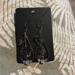 Silver Leaf Earrings with Pink Beads